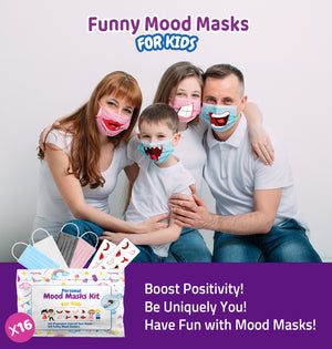 16 Kids 3-ply Disposable Face Masks in 4 Colors+ 16 Personal Mood Stickers