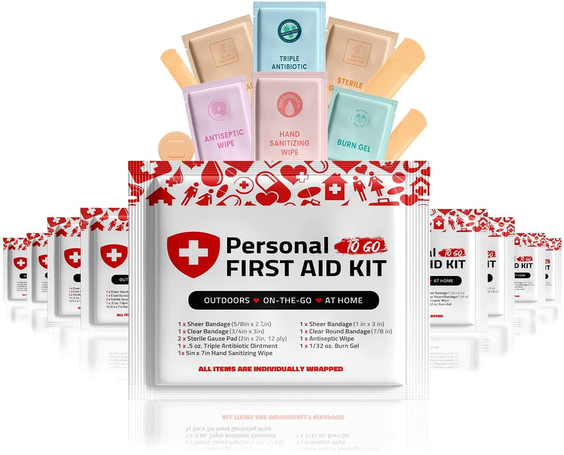 Portable Travel Size First Aid Kit - 10 Pack | Perfect for Home, Office, Car, School, Business, Travel, Hiking, Hunting, and Outdoors | Individually Wrapped First Aid Products (Red)