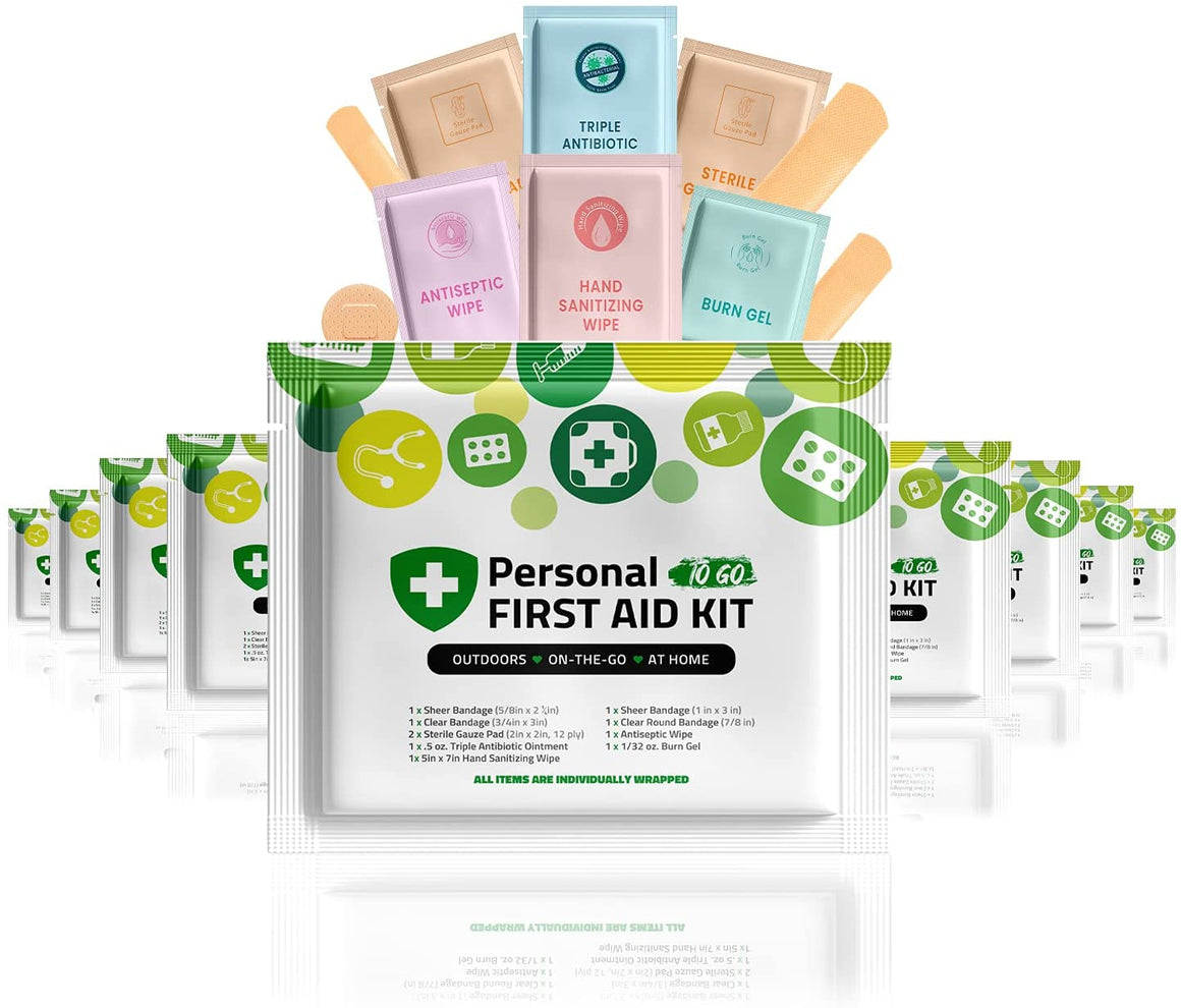 Portable Travel Size First Aid Kit - 10 Pack | Perfect for Home, Office, Car, School, Business, Travel, Hiking, Hunting, and Outdoors | Individually Wrapped First Aid Products (Green)