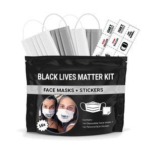 Black Lives Matter Mask Kit + Stickers. 16 Disposable Face Masks & 16 Assorted #BLM Movement Stickers