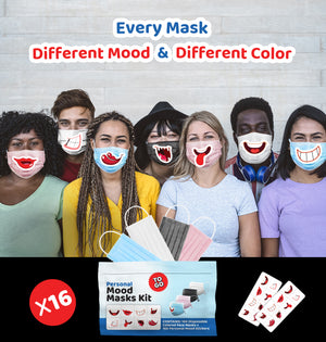 16 Adults 3-ply Disposable Face Masks in 4 Colors+ 16 Personal Mood Stickers