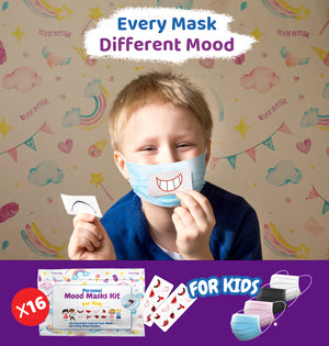 16 Kids 3-ply Disposable Face Masks in 4 Colors+ 16 Personal Mood Stickers